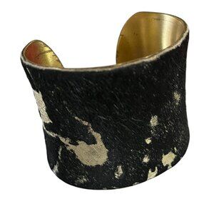 Rustic Cuff Wide 2" Brass and Calfhair Black and Gold Bracelet Bohemian